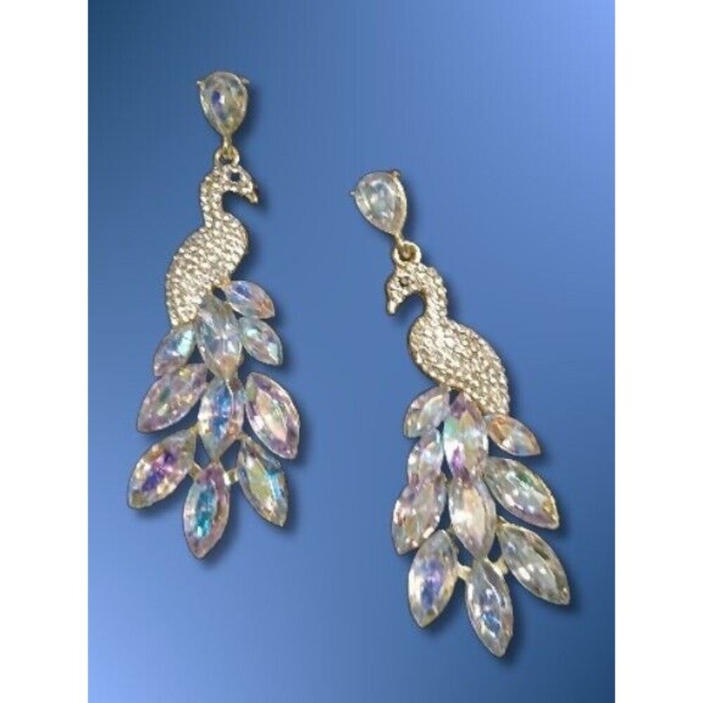 Iced Gold Peacock Dangle Earrings Clear Rhinestones